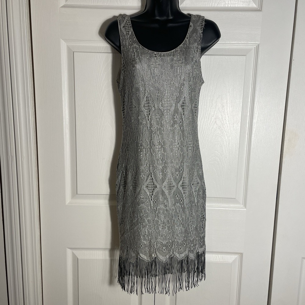 Venus Flapper Style Dress Women M Silver Lace Beige Lined Fringe Sleeveless Boho